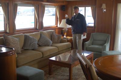Nordhavn rep Jeff Merrill in the living room of Nordhavn 68