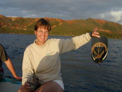 Kathy rescues Bradley's Oyster hat which went overboard