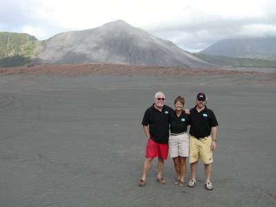Ron, Kathy and Bradly in front of Mt. Yasur, the active volcano