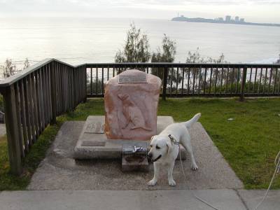 Sam the lab at the War Dog Memorial in Mooloolaba