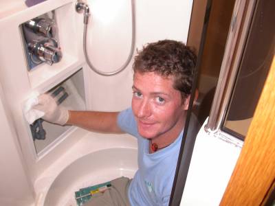 New crew member Gareth puts things back together after the toilet repair