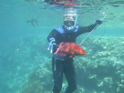 Bradley spears a nice coral trout at Black Reef