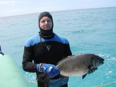 Bradley with a drummer fish - his largest speared fish yet