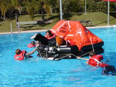 When boarding a liferaft, don't worry about your pants!