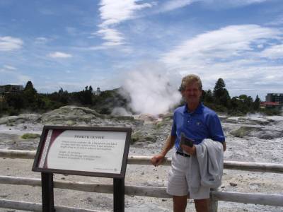 Richard in Rotorua where there are many geysers