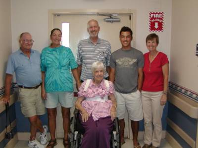 Last photo of Barbara show with Daughter Joan and husband George, son Bill and grandson Calvin, and daughter Kathy